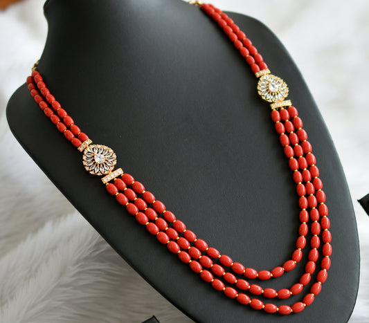 Gold tone coral bead-white stone multi layer double side mugappu necklace dj-44361