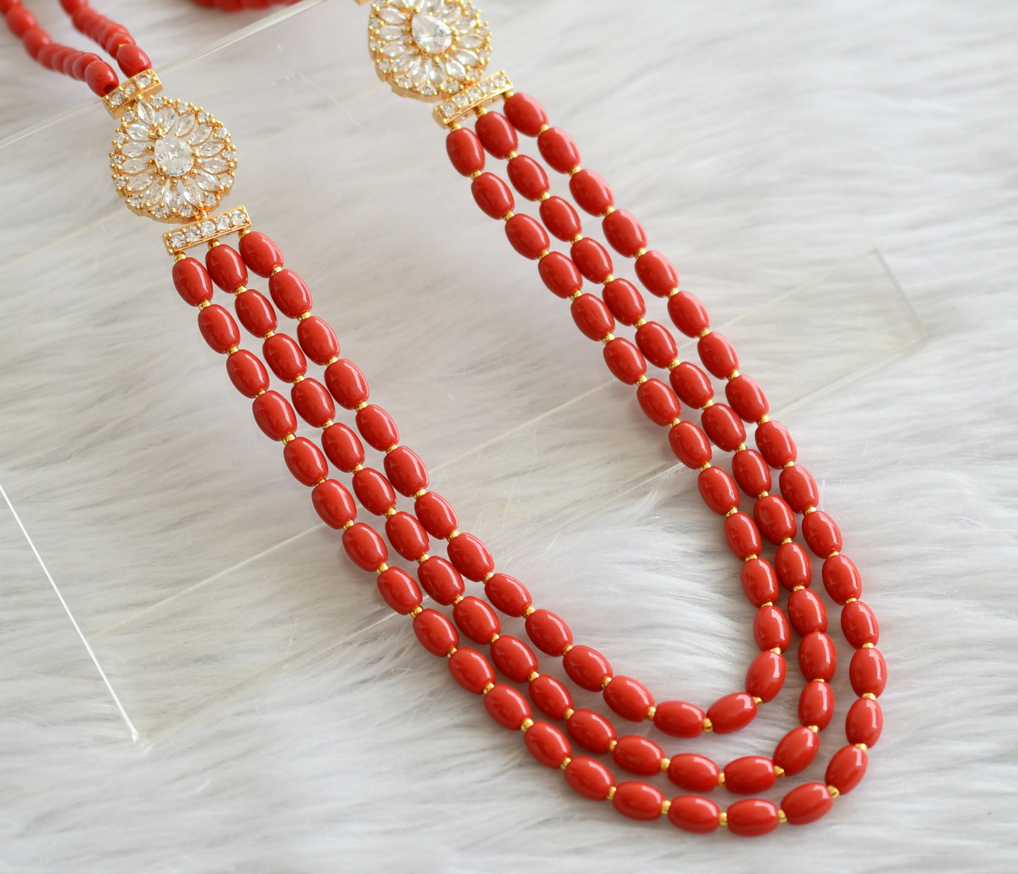 Gold tone coral bead-white stone multi layer double side mugappu necklace dj-44361