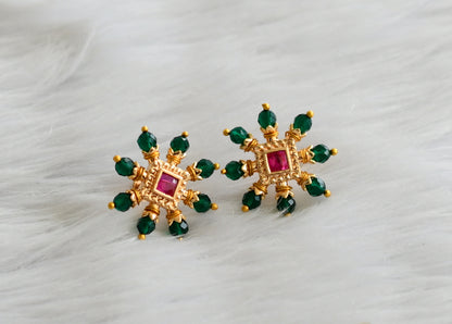 Gold tone kemp stone green bead square earrings dj-44365