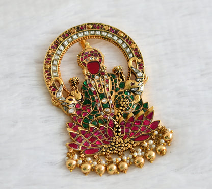 Gold tone pink-green-white kundan jadau gajalakshmi pendant dj-49692