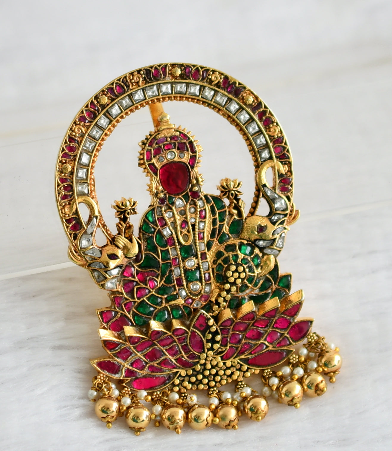 Gold tone pink-green-white kundan jadau gajalakshmi pendant dj-49692