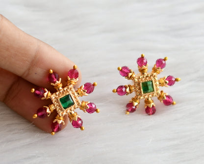 Gold tone green stone pink bead square earrings dj-44364