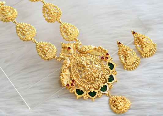 Gold tone pink-green bridal palakka lakshmi haar set dj-43825