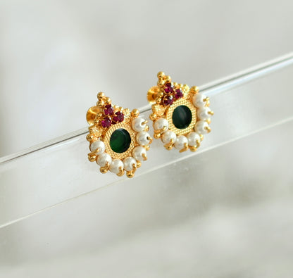 Gold tone kerala style pink-green round pearl earrings dj-42897