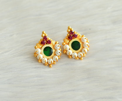 Gold tone kerala style pink-green round pearl earrings dj-42897