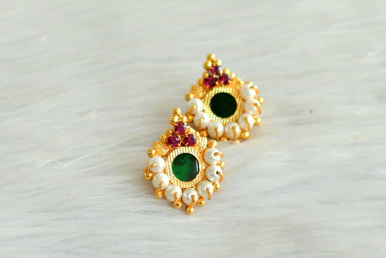 Gold tone kerala style pink-green round pearl earrings dj-42897