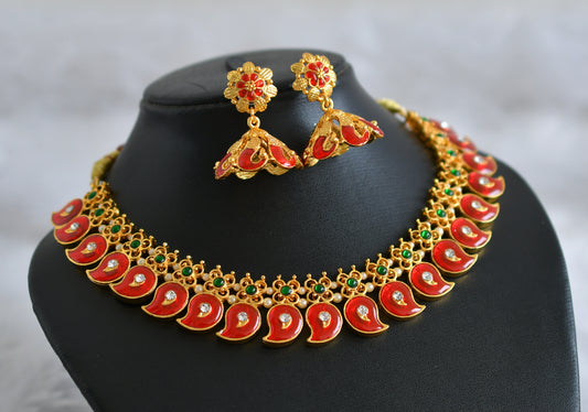 Gold tone red-green-white pearl mango necklace set dj-47766