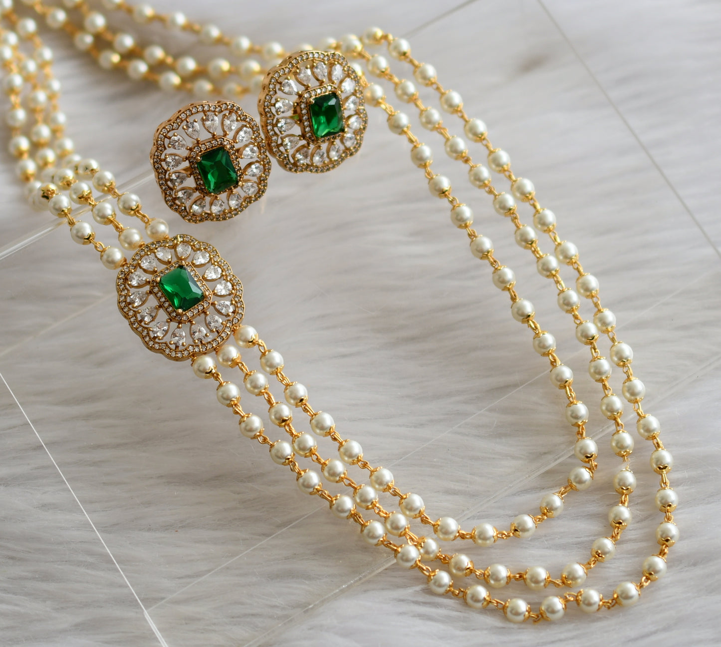 Matte finish cz green-white multi layer pearl haar set dj-44389