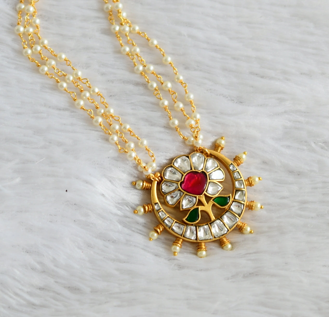 Gold tone pink-green-white kundan jadau pearl flower pendant with chain dj-47778