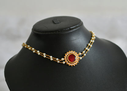 Gold tone red-white pearl round choker dj-47776