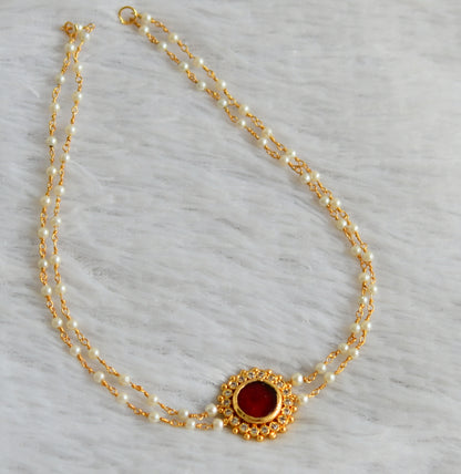 Gold tone red-white pearl round choker dj-47776