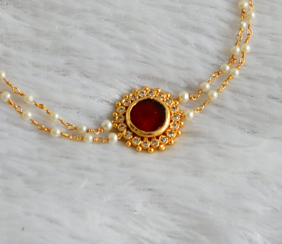 Gold tone red-white pearl round choker dj-47776