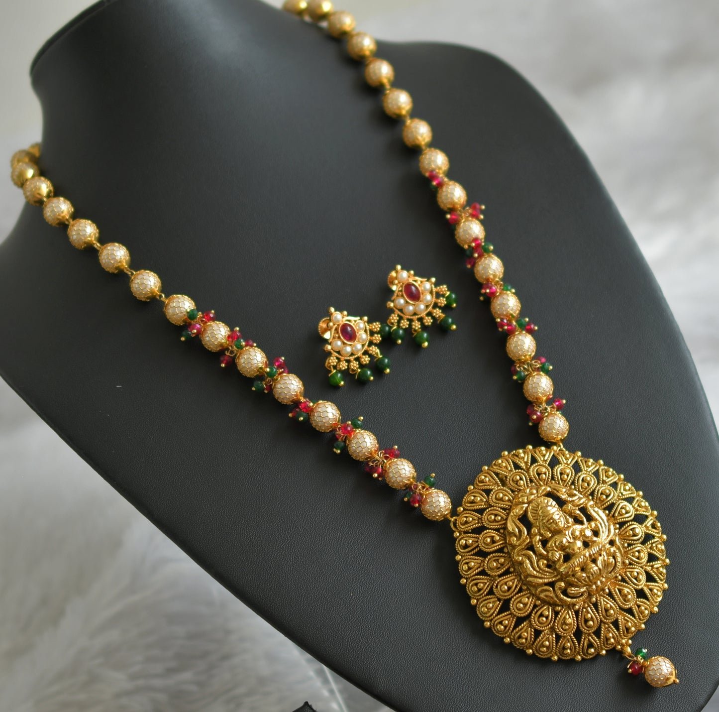 Antique gold tone red-green-pearl beaded lakshmi haar set dj-47781