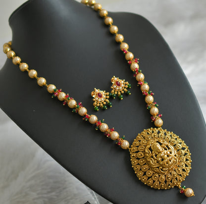 Antique gold tone red-green-pearl beaded lakshmi haar set dj-47781