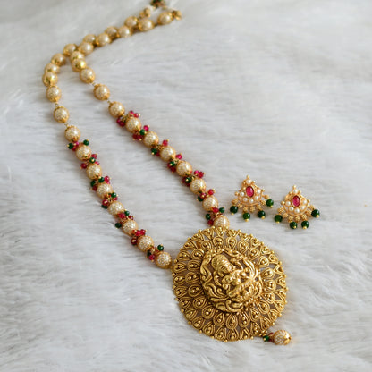 Antique gold tone red-green-pearl beaded lakshmi haar set dj-47781