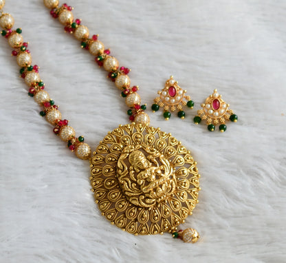 Antique gold tone red-green-pearl beaded lakshmi haar set dj-47781