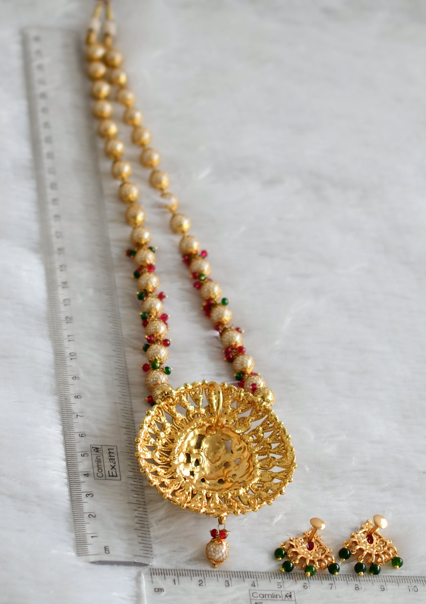 Antique gold tone red-green-pearl beaded lakshmi haar set dj-47781