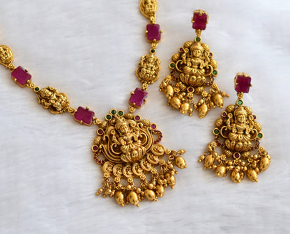 Antique gold tone ruby-green block stone lakshmi mango necklace set dj-46199