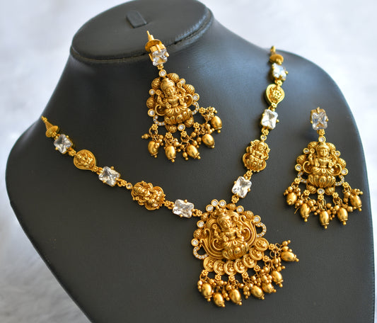 Antique gold tone cz white block stone lakshmi mango necklace set dj-46197