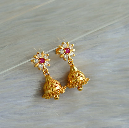 Gold tone cz white-ruby flower jhumkka dj-42905