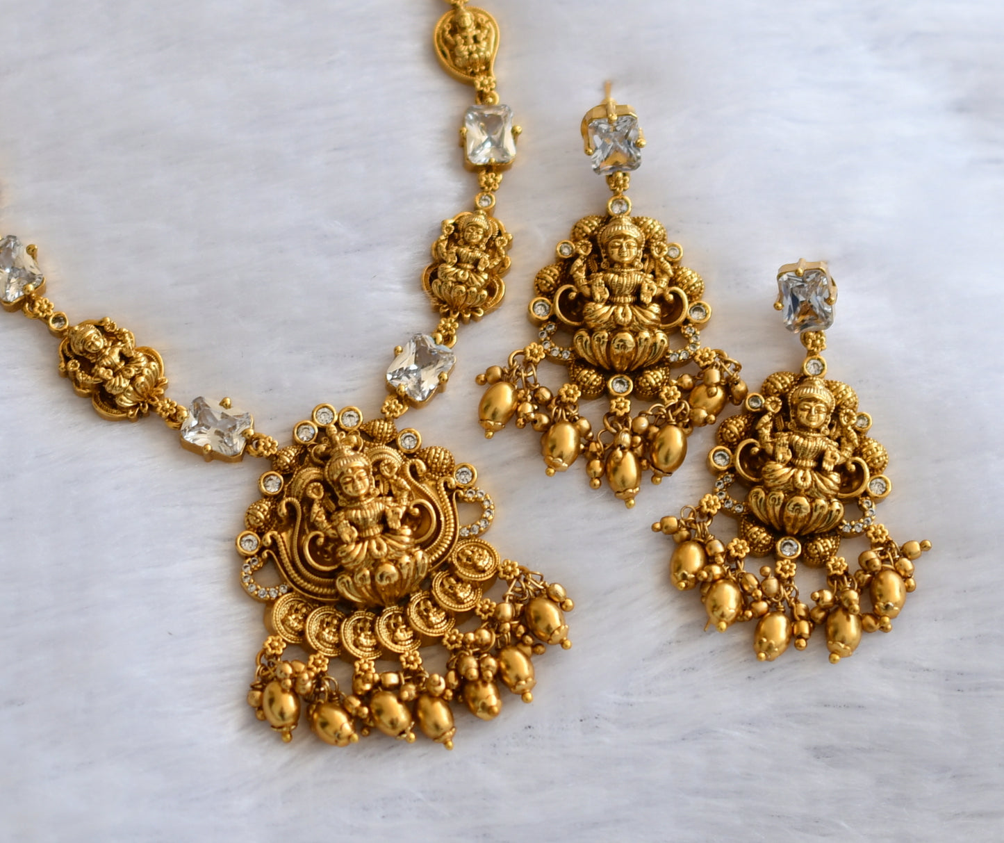 Antique gold tone cz white block stone lakshmi mango necklace set dj-46197