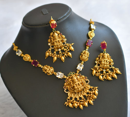 Antique gold tone ruby-green-white block stone lakshmi mango necklace set dj-46198