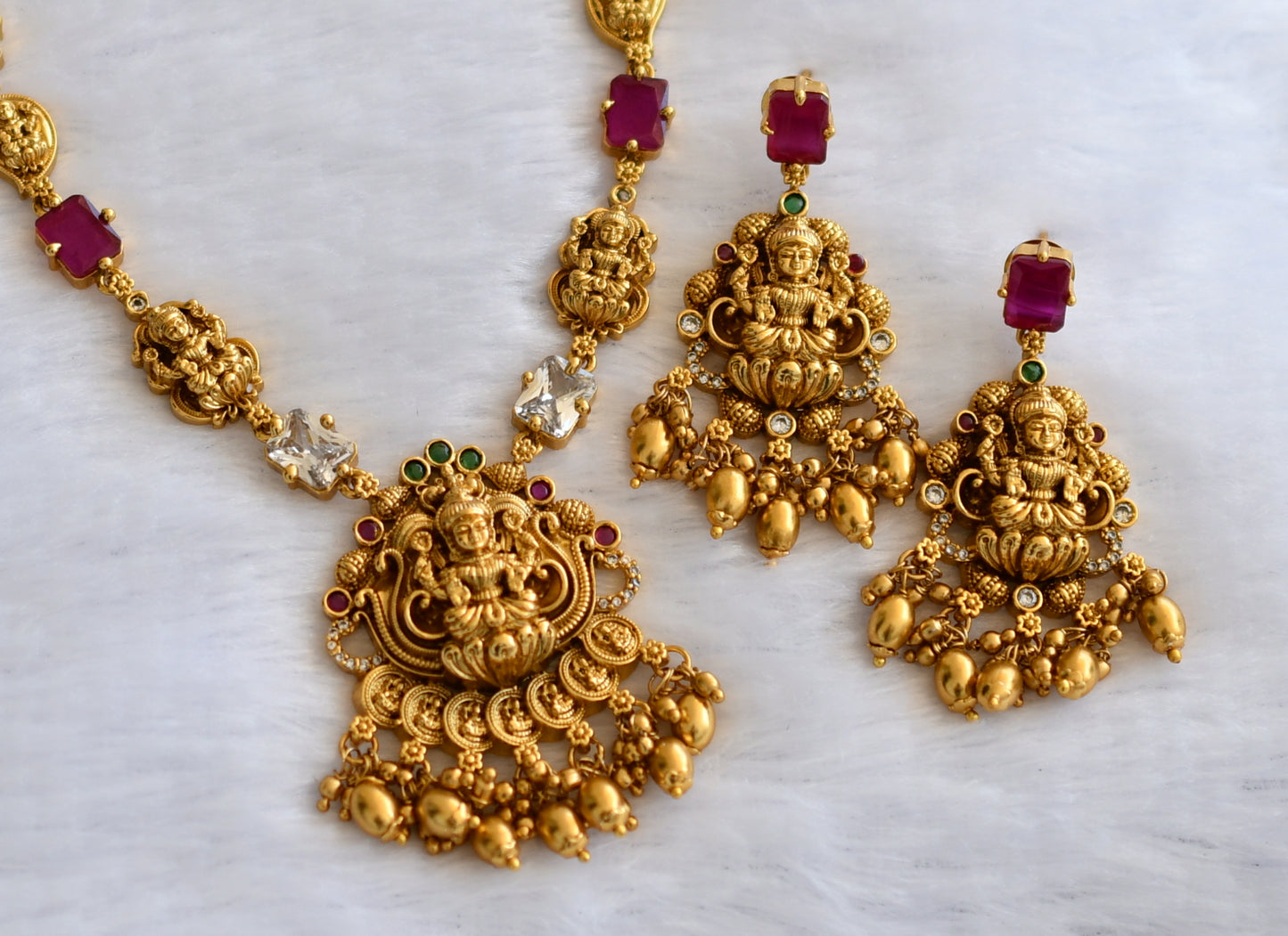 Antique gold tone ruby-green-white block stone lakshmi mango necklace set dj-46198