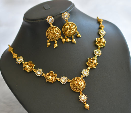 Antique gold tone cz white peacock flower necklace set dj-46200