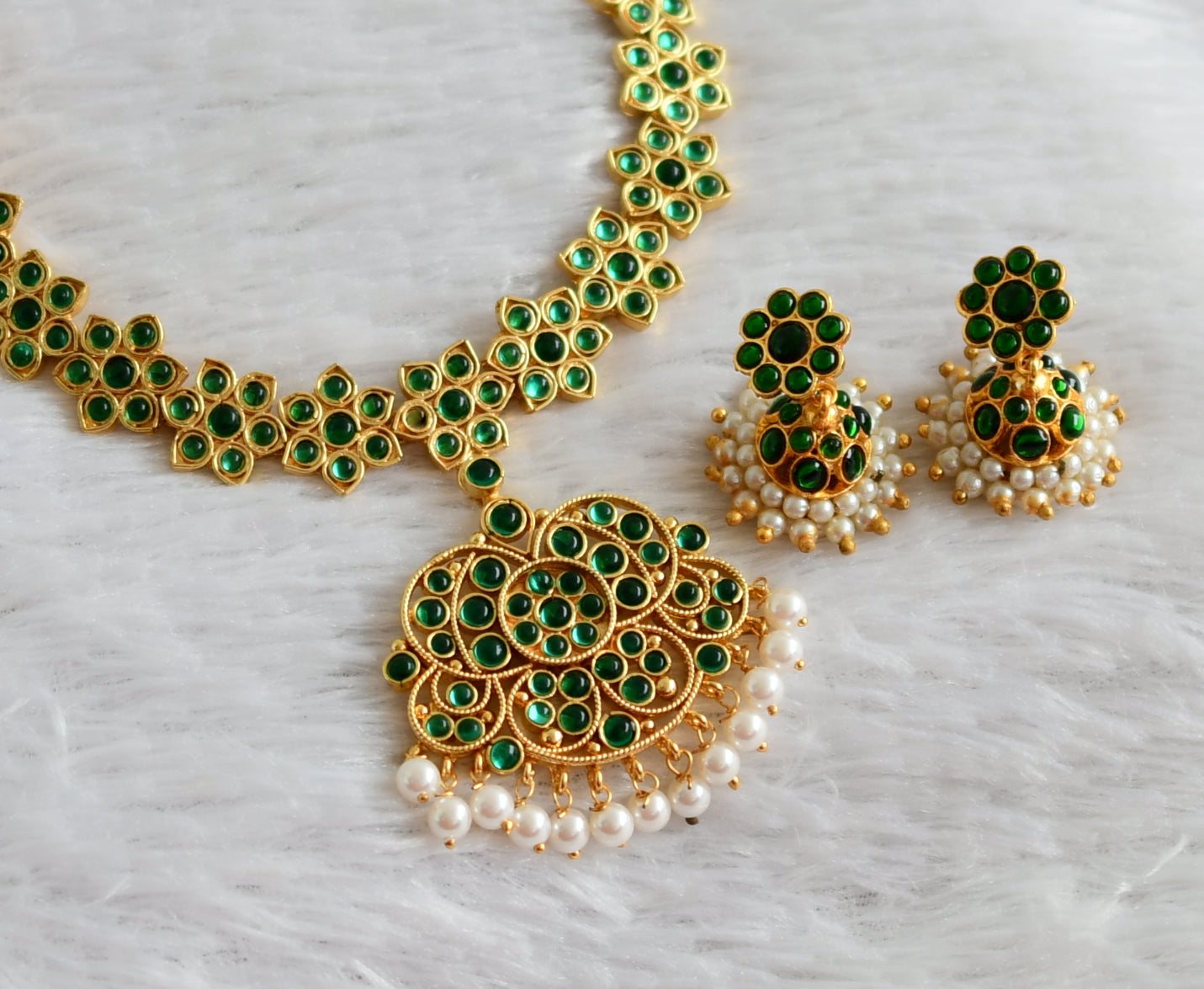 Gold tone green pearl flower necklace set dj-47785