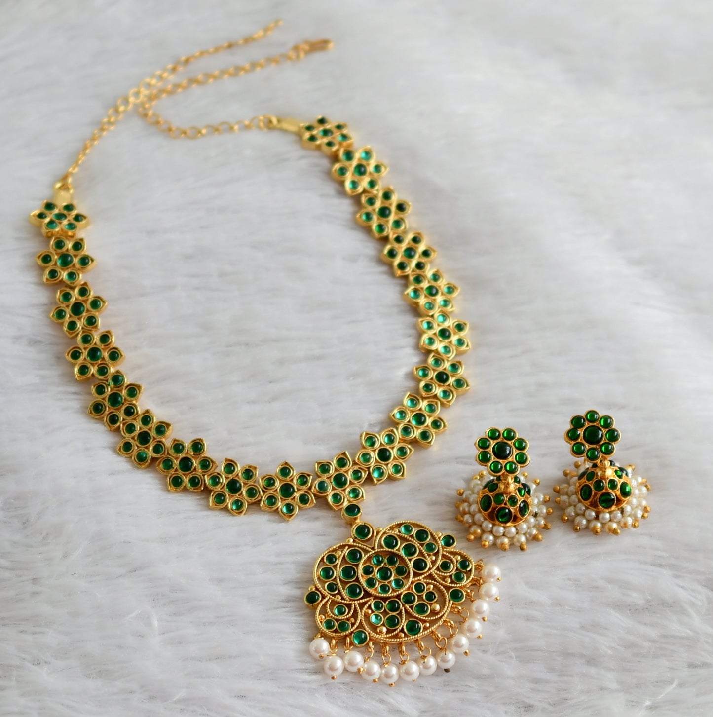 Gold tone green pearl flower necklace set dj-47785