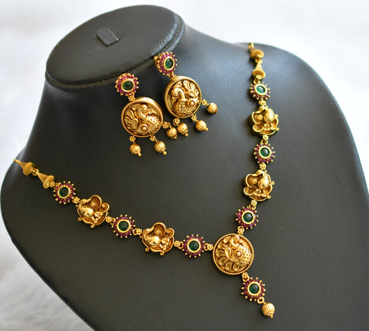 Antique gold tone ruby-green peacock flower necklace set dj-46202