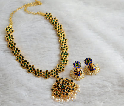 Gold tone kemp blue-green pearl flower necklace set dj-47784