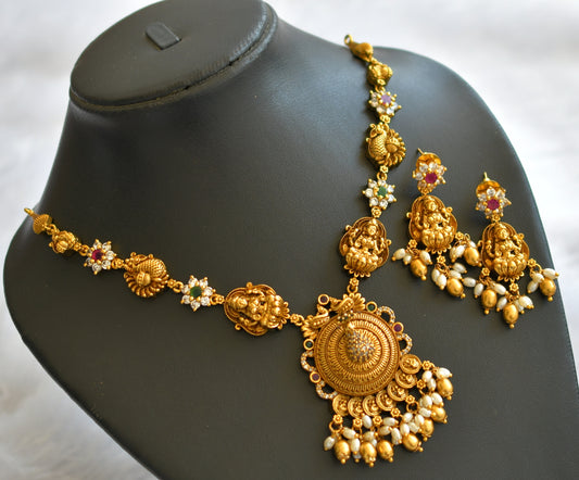 Antique gold tone ruby-green-white peacock lakshmi rice pearl necklace set dj-46203