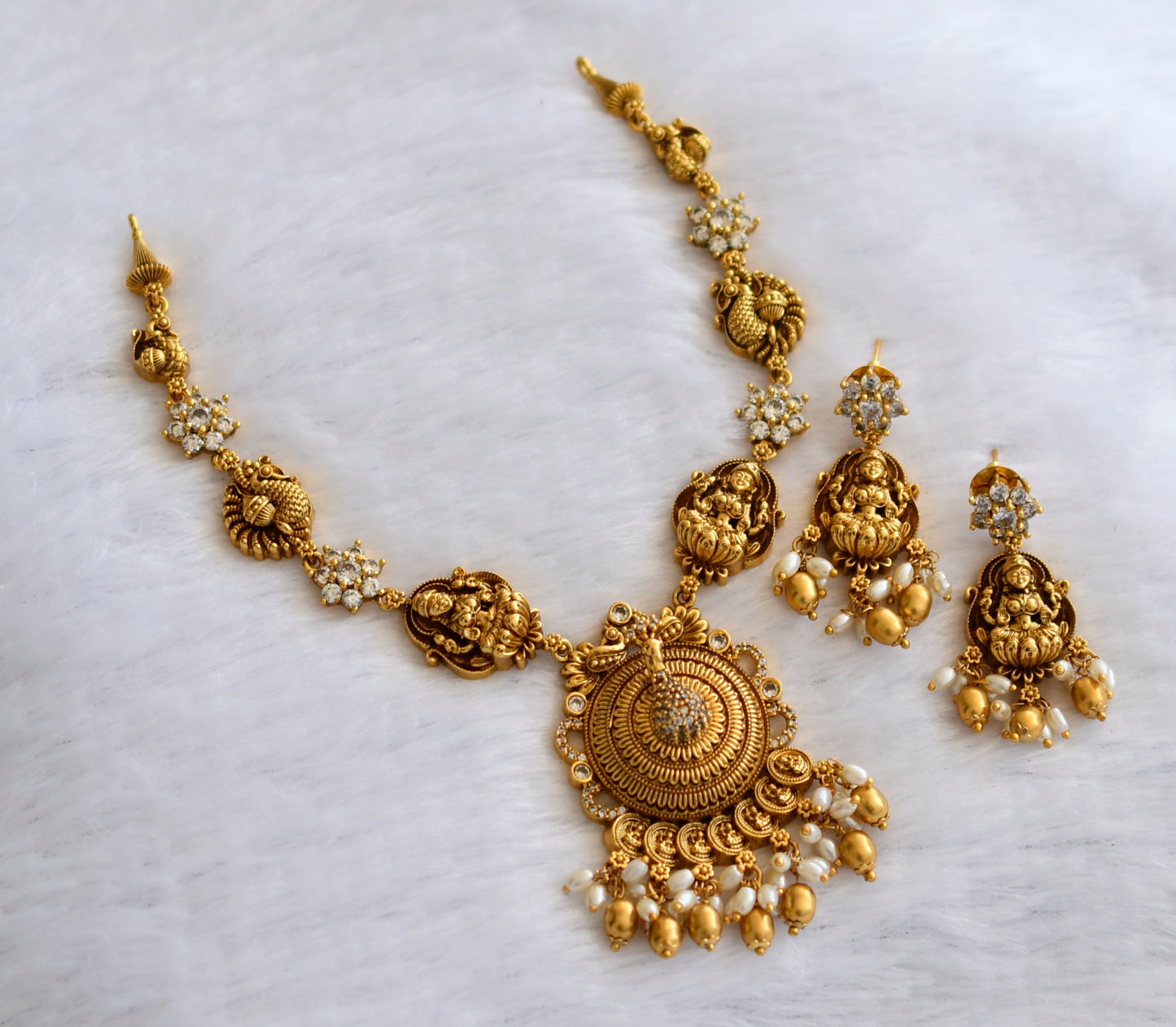 Antique gold tone cz white peacock lakshmi rice pearl neckace set dj-46204