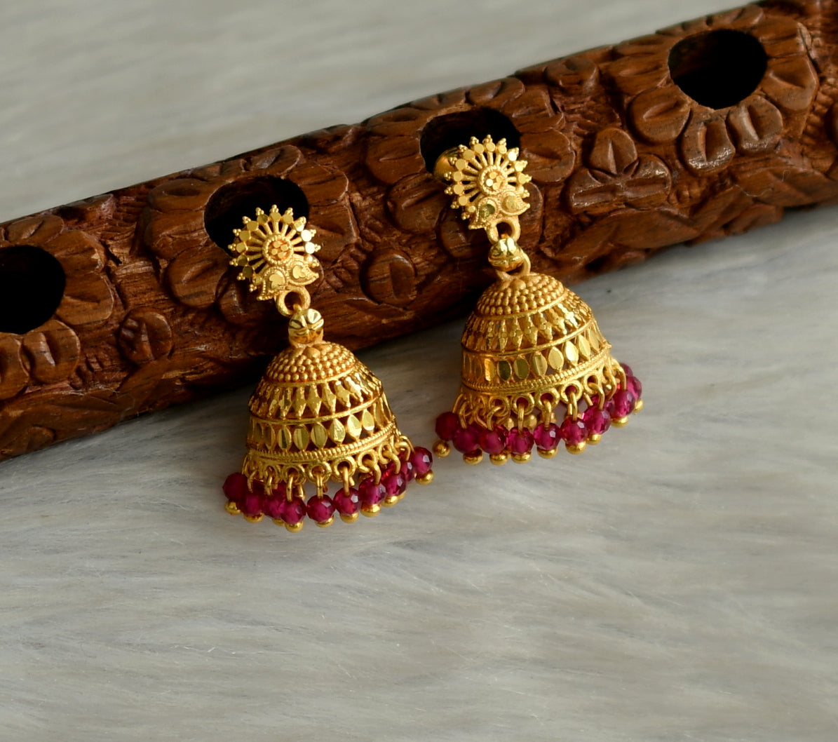 Matte gold tone kerala style pink cluster jhumkka dj-42911