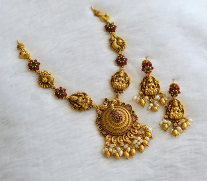 Antique gold tone ruby-green peacock lakshmi rice pearl necklace set dj-46205