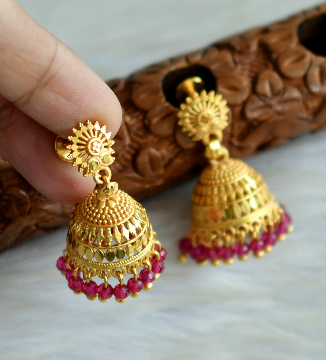 Matte gold tone kerala style pink cluster jhumkka dj-42911