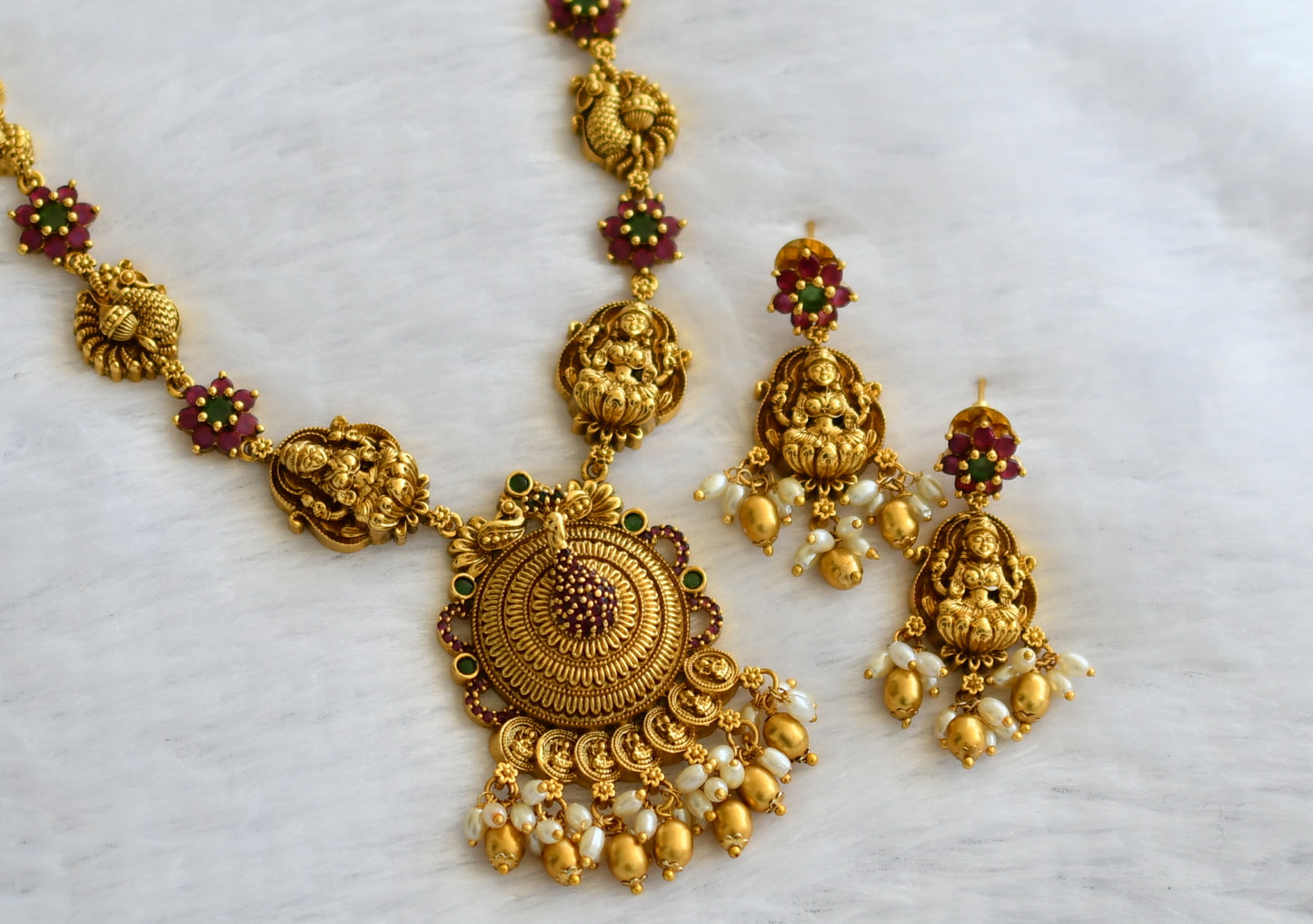 Antique gold tone ruby-green peacock lakshmi rice pearl necklace set dj-46205