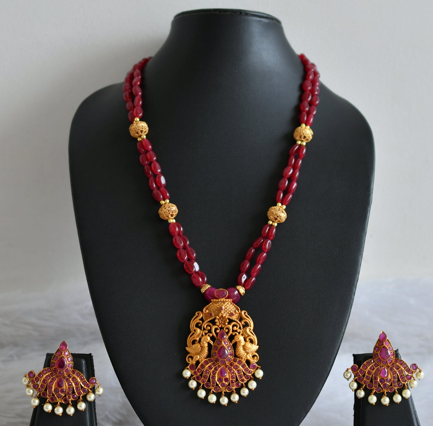 Matte finish ruby stone beaded peacock necklace set dj-47787