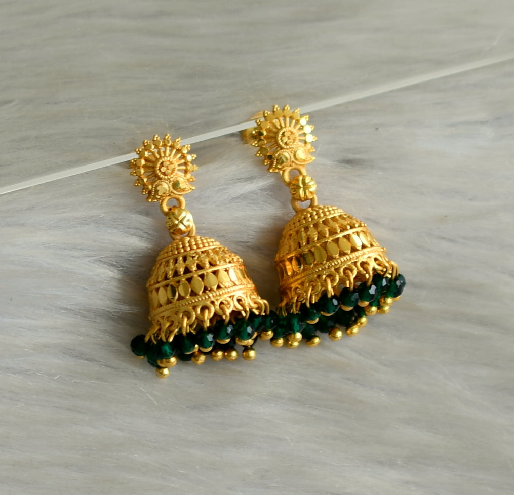 Matte gold tone kerala style green cluster jhumkka dj-42912