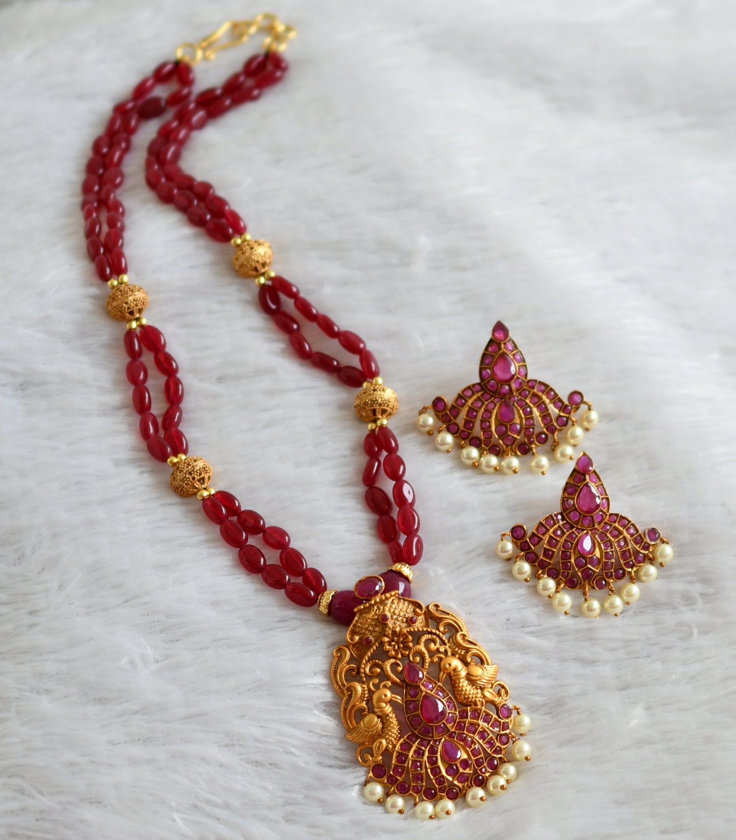 Matte finish ruby stone beaded peacock necklace set dj-47787