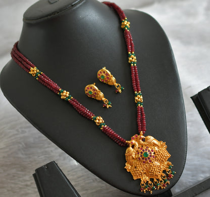 Gold tone ruby-green beaded peacock necklace set dj-47786