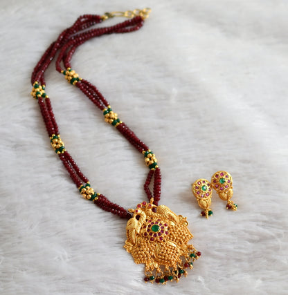 Gold tone ruby-green beaded peacock necklace set dj-47786