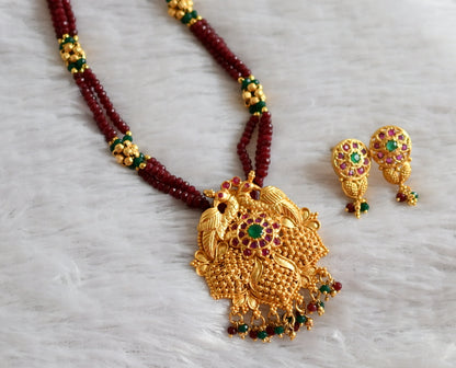 Gold tone ruby-green beaded peacock necklace set dj-47786