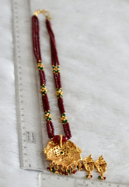 Gold tone ruby-green beaded peacock necklace set dj-47786