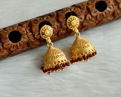 Matte gold tone kerala style maroon cluster jhumkka dj-42914