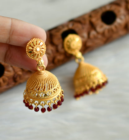 Matte gold tone kerala style maroon cluster jhumkka dj-42914