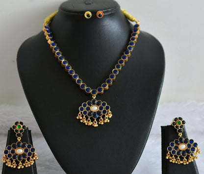 Matte finish blue-green-pearl reversible necklace set dj-49724