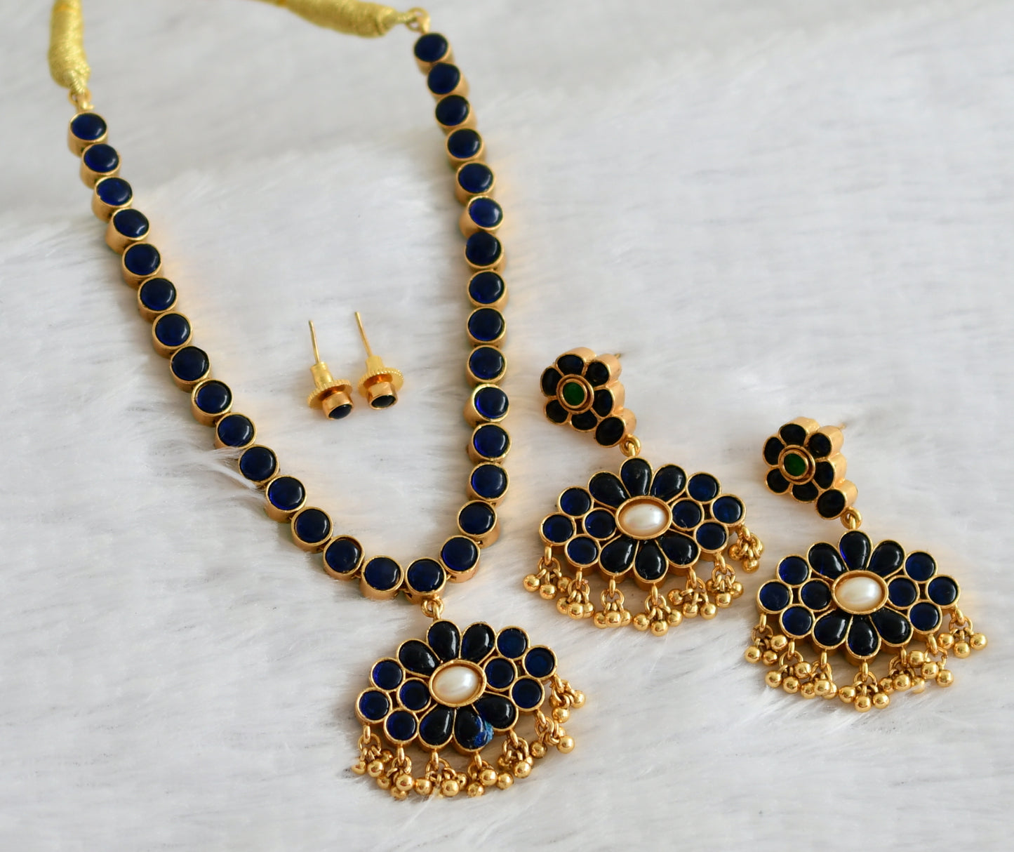 Matte finish blue-green-pearl reversible necklace set dj-49724