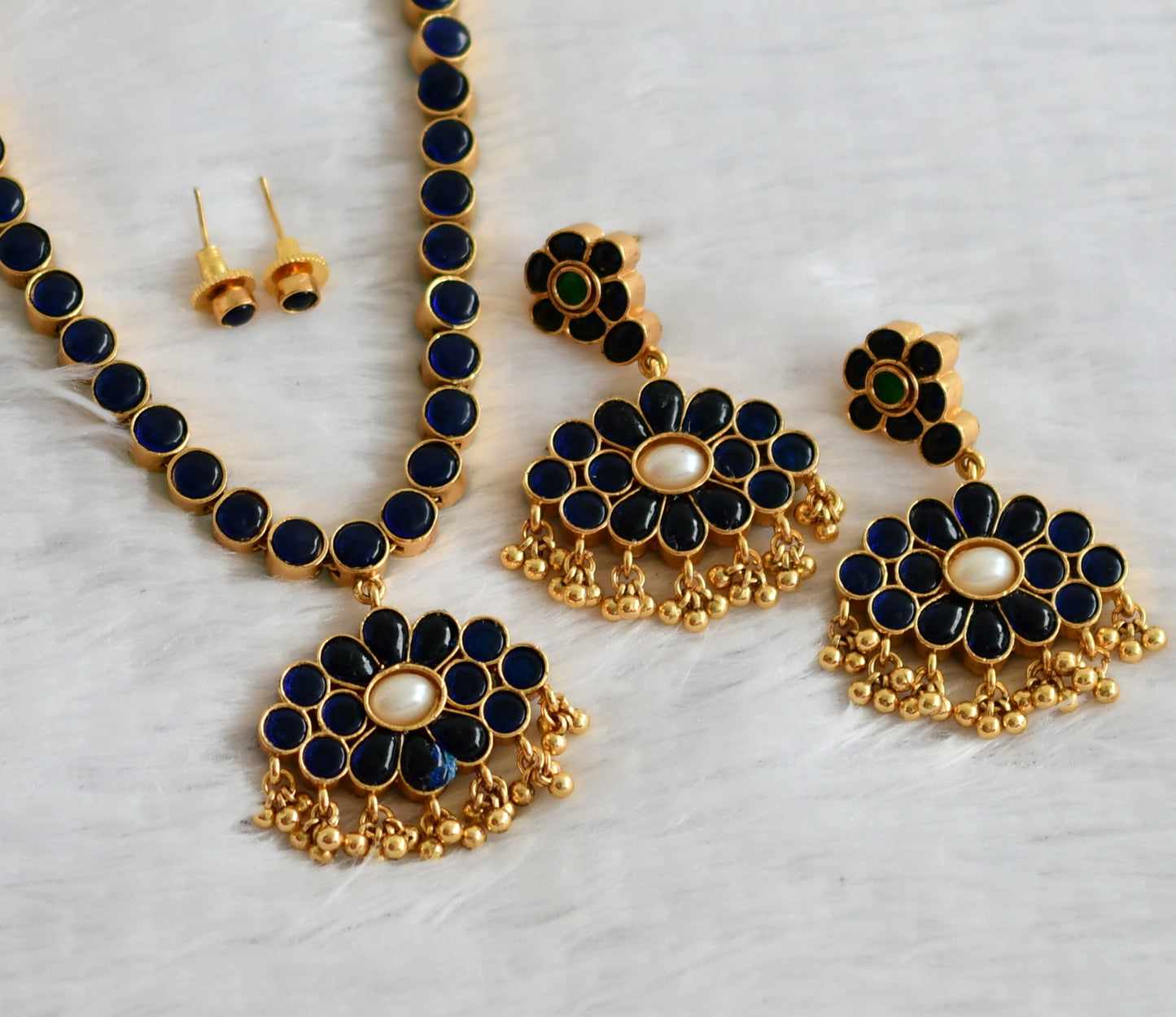 Matte finish blue-green-pearl reversible necklace set dj-49724